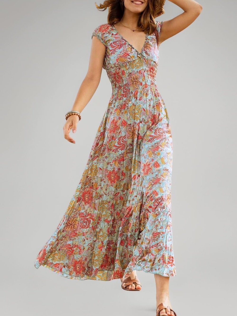MIDUO Summer Casual Floral Puff Sleeve Y2K Style Boho Smocked Maxi Dress Size M - Picture 2 of 11